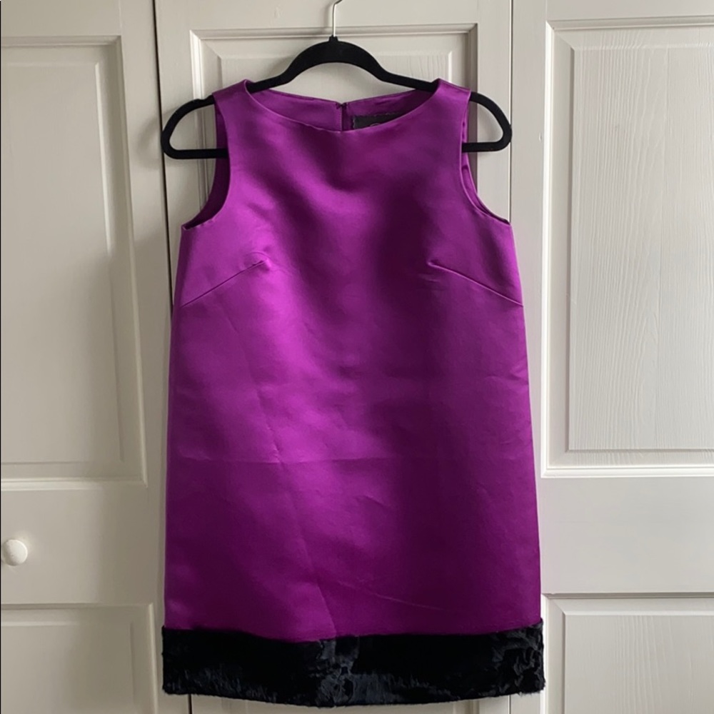 Custom Double Face Satin Shift Dress with Fur Trim